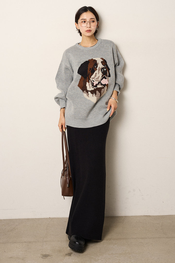 [SET]アニマルジャガード柄ニットトップス+リブナローニットスカート(2set)