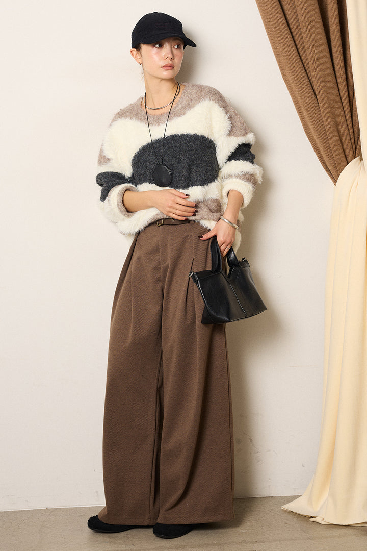 [SET]シャギーウェーブ柄クルーネックニットトップス+細ベルト付き起毛タックワイドパンツ(2set)