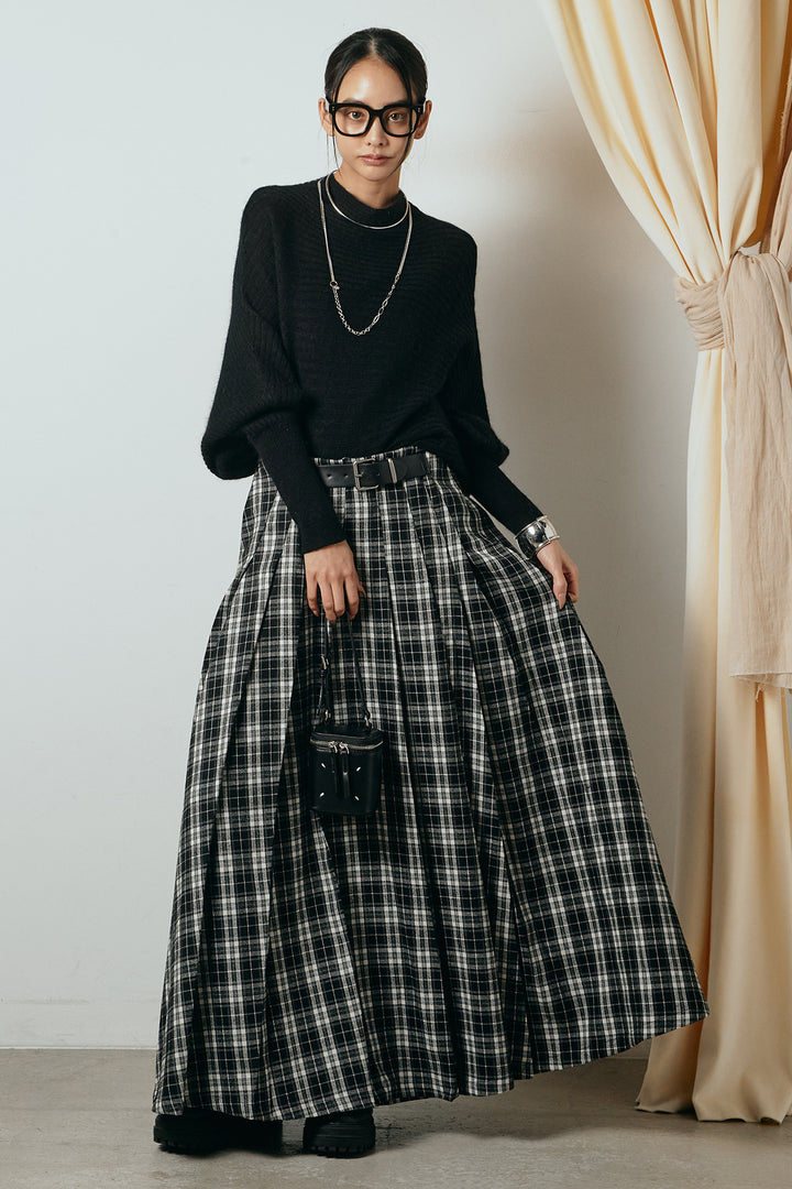[SET]ポンチョシルエット透かしニットトップス+ベルト付きタータンチェックプリーツスカート(2set)