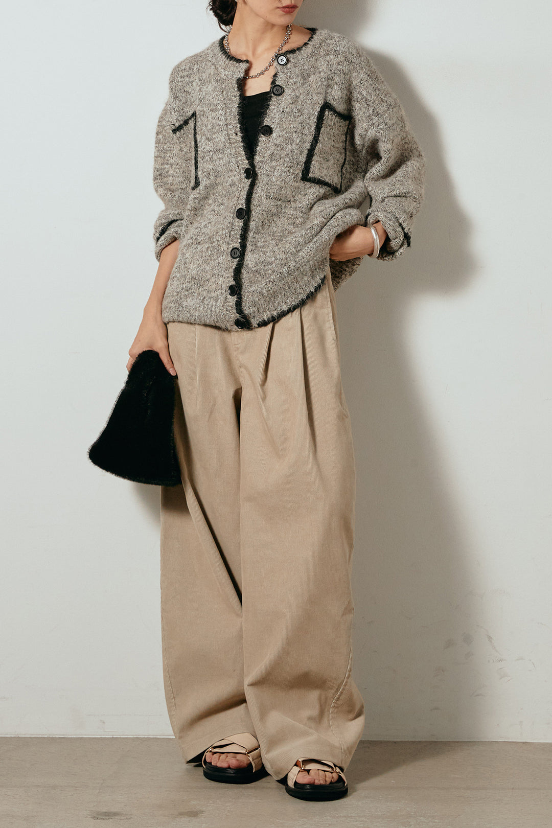 [SET]ミックスニットポケットカーディガン+フロントタック入りコーデュロイパンツ(2set)
