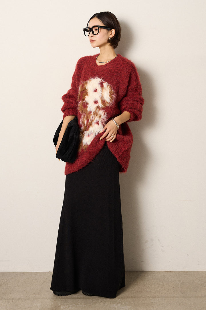 [SET]シャギーニュアンスアニマルニット+リブナローニットスカート(2set)