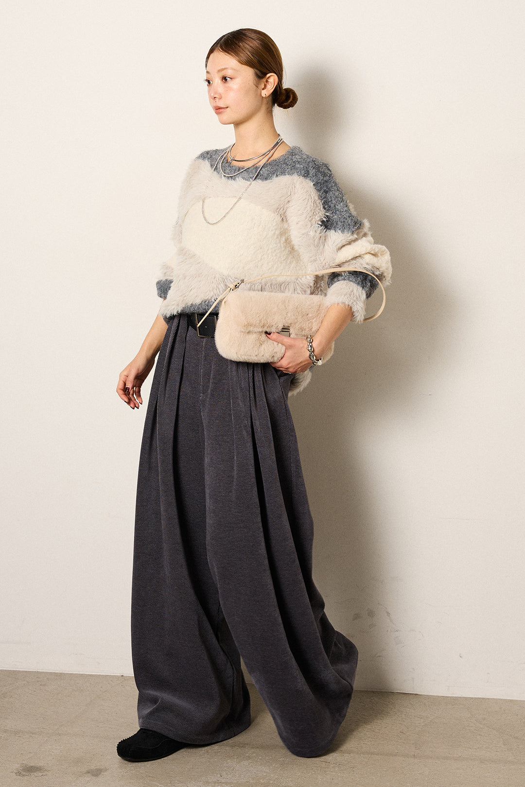 [SET]シャギーウェーブ柄クルーネックニットトップス+ベルトループコーデュロイワイドパンツ(2set)