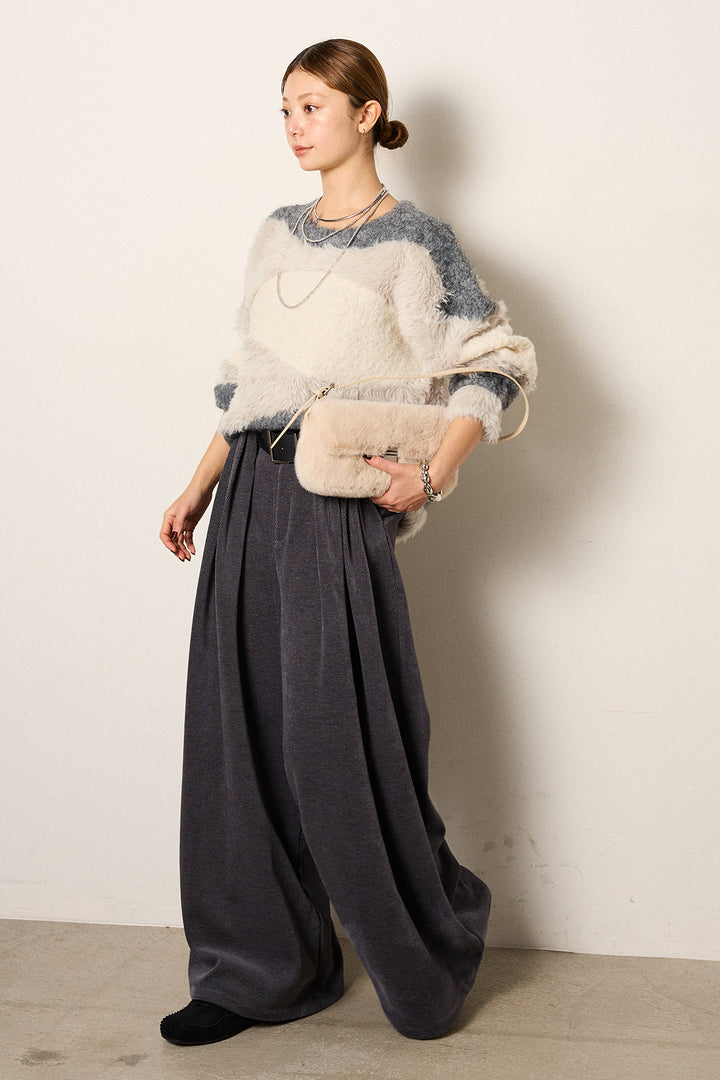 [SET]シャギーウェーブ柄クルーネックニットトップス+ベルトループコーデュロイワイドパンツ(2set)