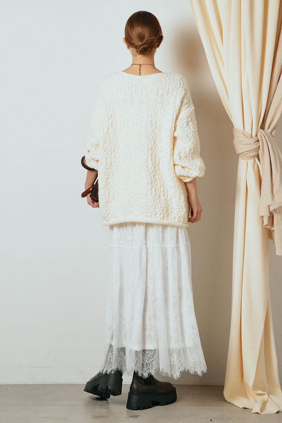 [SET]ボリューム編みニットプルオーバー+ひげレース切替ロング丈スカート(2set)