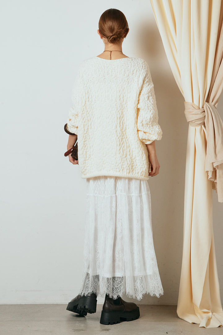 [SET]ボリューム編みニットプルオーバー+ひげレース切替ロング丈スカート(2set)
