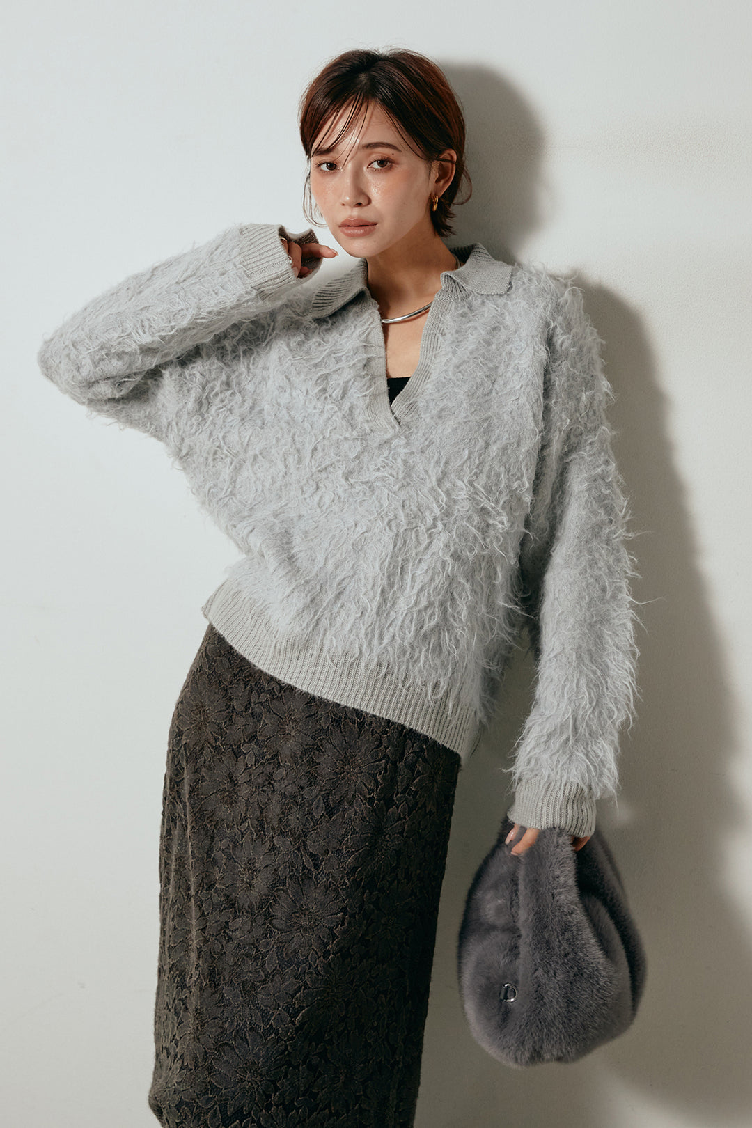 [SET]襟付きシャギーニットポロトップス+花柄刺繍ベロアフレアスカート(2set)