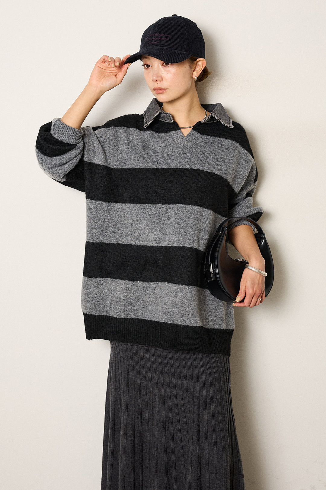 [SET]デニムカラーボーダールーズニット+編み地切り替えフレアニットスカート(2set)