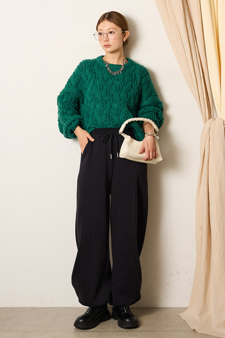[SET]ケーブルリラックスショートニット+スウェットワイドカーブパンツ(2set)
