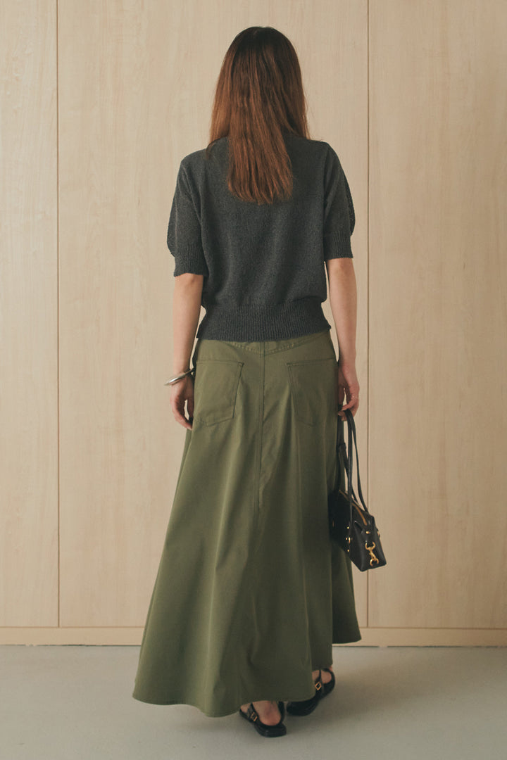 [SET]フロントテープデザイン半袖カーディガン+ミリタリーツイルタックフレアスカート(2set)