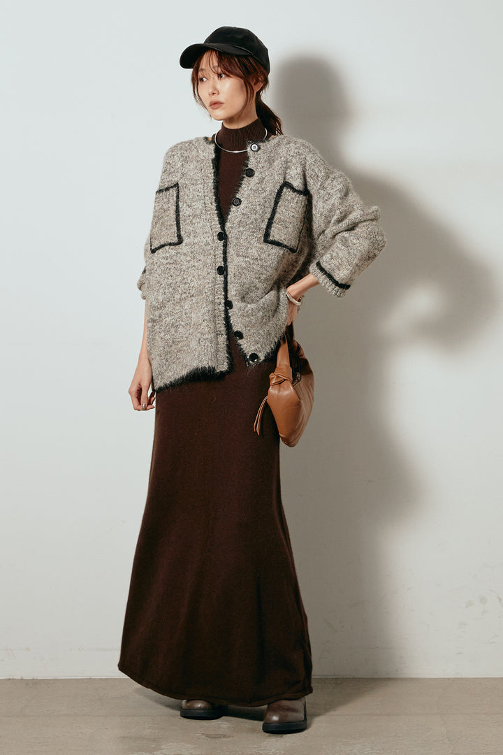 [SET]ミックスニットポケットカーディガン+ノースリーブニットロングワンピース(2set)