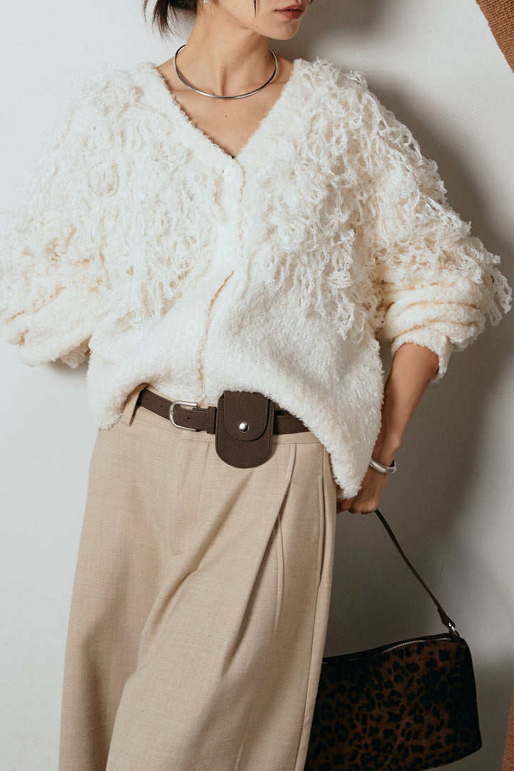 [SET]ループ編みVネックニットカーディガン+ポーチベルト付きカーブパンツ(2set)