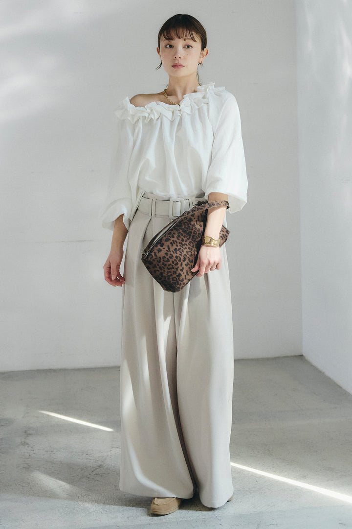 [SET]ネックフリルデザインブラウス+ベルト付きツータックワイドパンツ(2set)