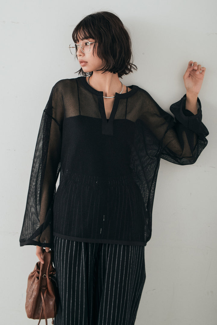 [SET]メッシュカットソースキッパープルオーバー+リネンライクストライプタックイージーパンツ(2set)