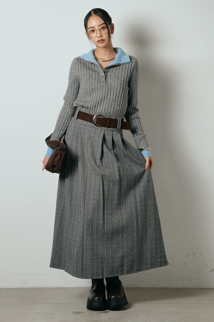 [SET]レイヤード風リブニットトップス+太ベルト付きヘリンボーンプリーツスカート(2set)