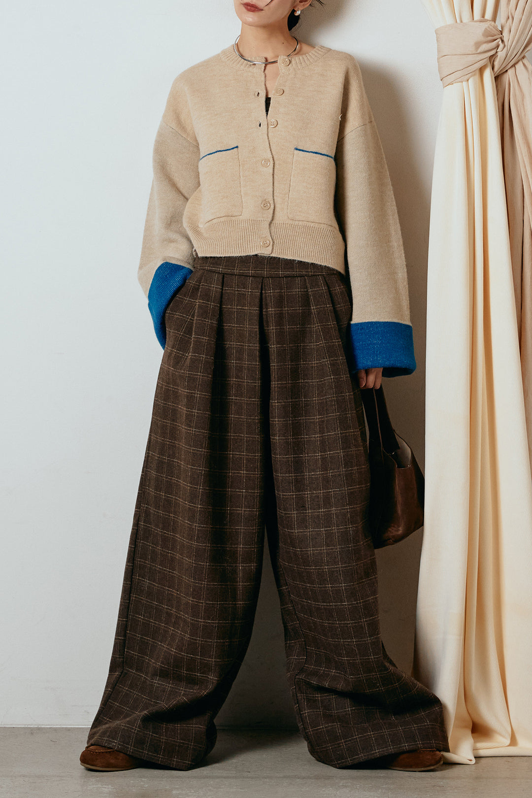 [SET]アルパカタッチダブルフェイスカーディガン+ウールライクチェックタックパンツ(2set)