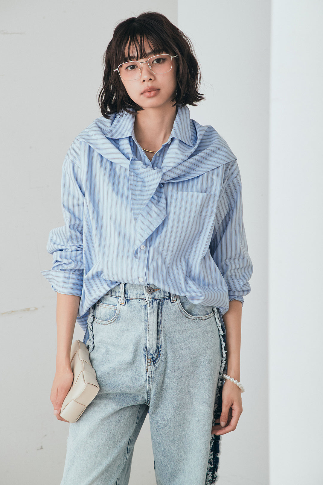 [SET]ランダムストライプスカーフ付きシャツ+デニムサイドフリルパンツ(2set)