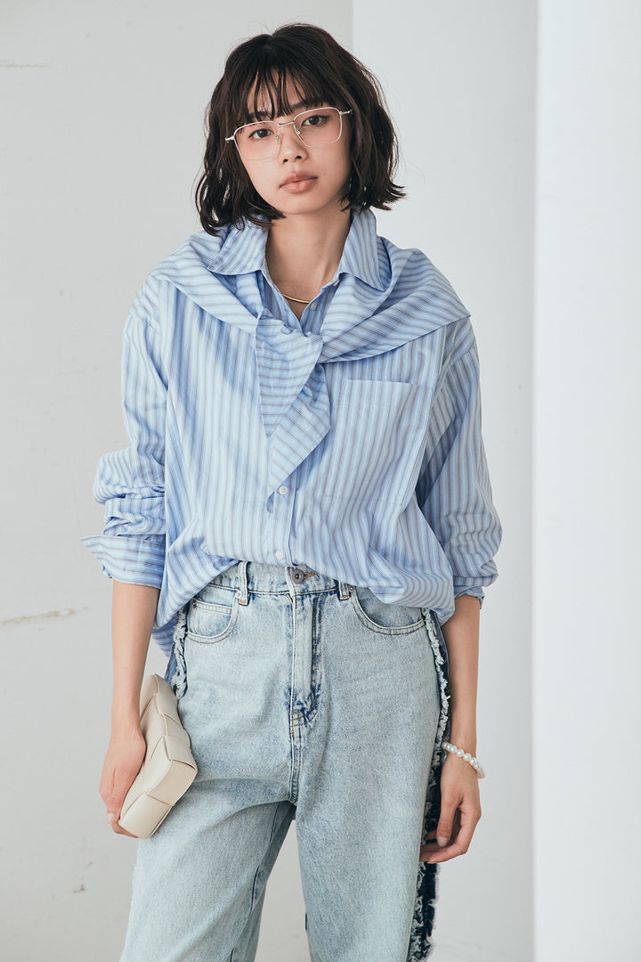 [SET]ランダムストライプスカーフ付きシャツ+デニムサイドフリルパンツ(2set)