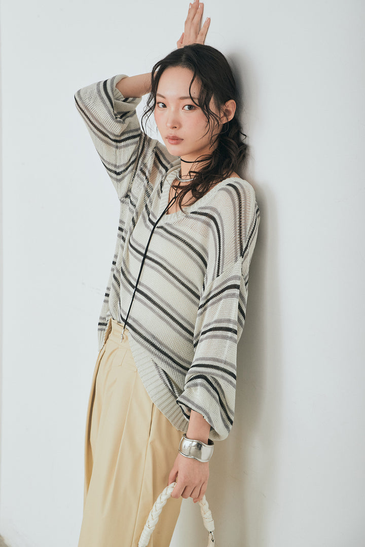 [SET]綿タッチVネックボーダートップス+ウォッシャブルエコレザータックパンツ(2set)