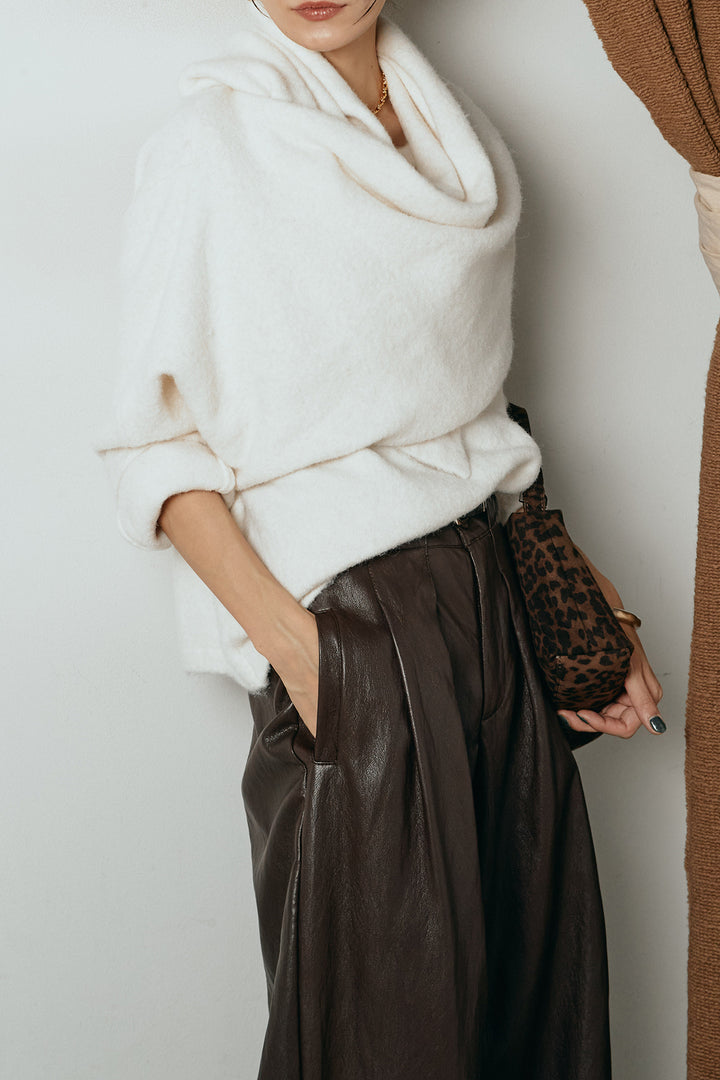 [SET]ネック巻きデザインニットトップス+ベルト付きレザーライクタックパンツ(2set)