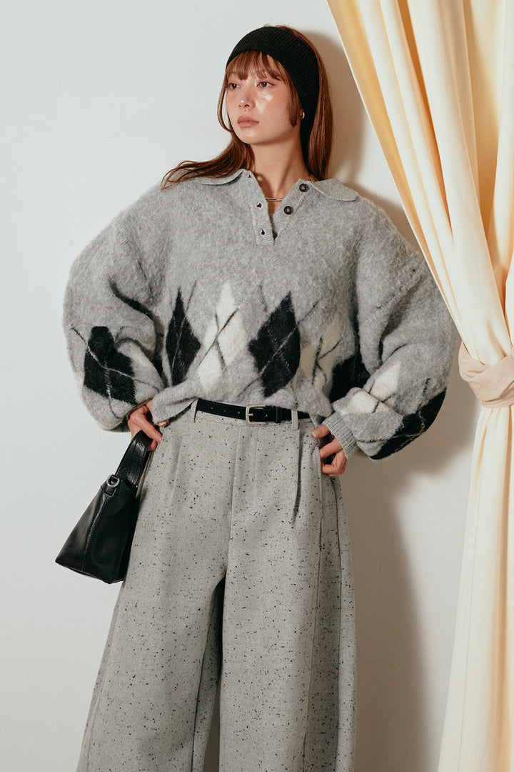 [SET]アーガイル柄ポロニットトップス+ベルト付きネップツイードカーブパンツ(2set)