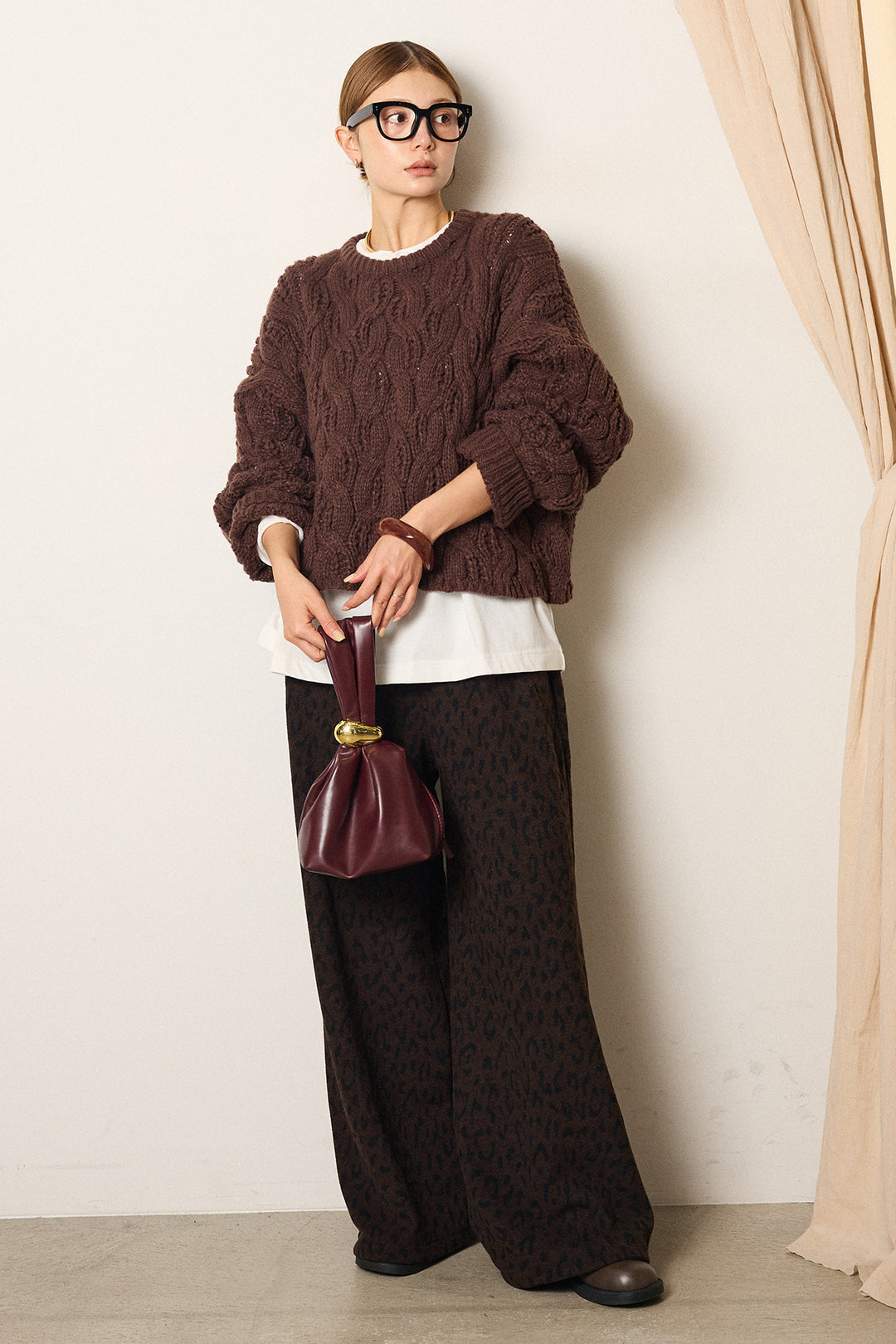 [SET]ケーブルリラックスショートニット+レオパードジャガードニットパンツ(2set)