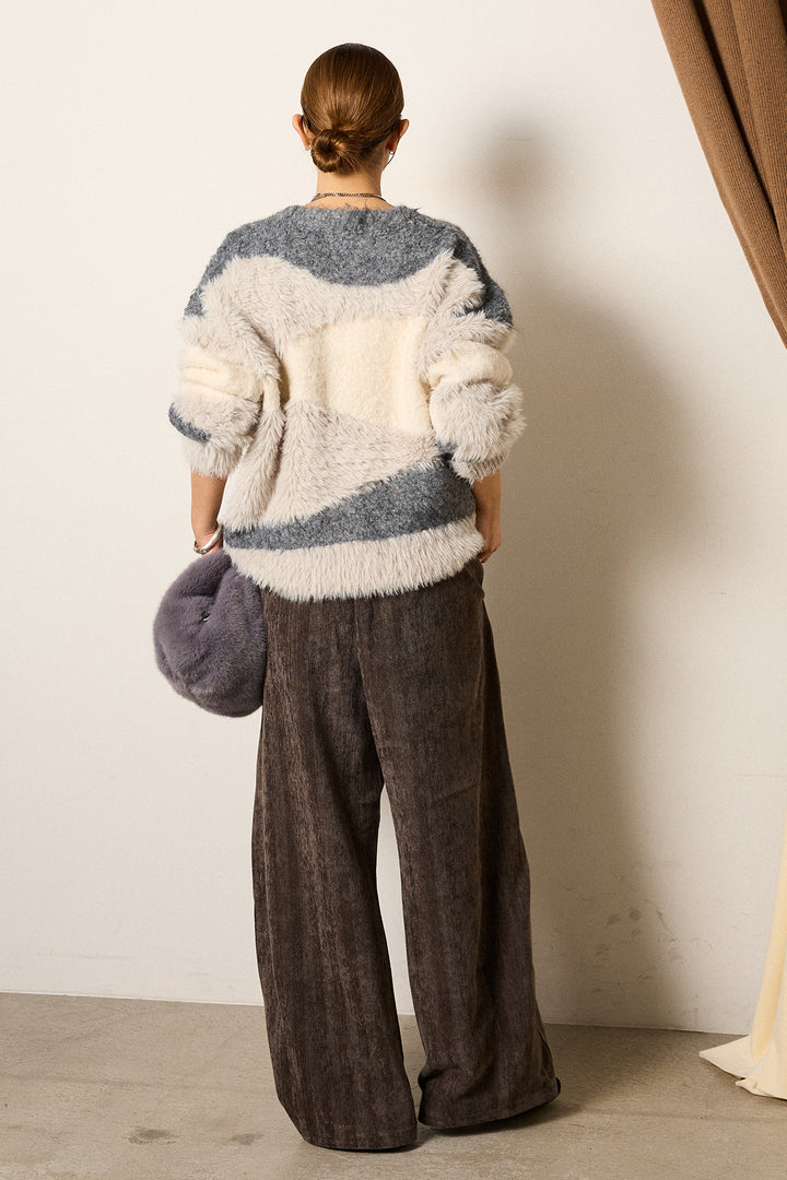 [SET]シャギーウェーブ柄クルーネックニットトップス+かすれデザインワイドパンツ(2set)