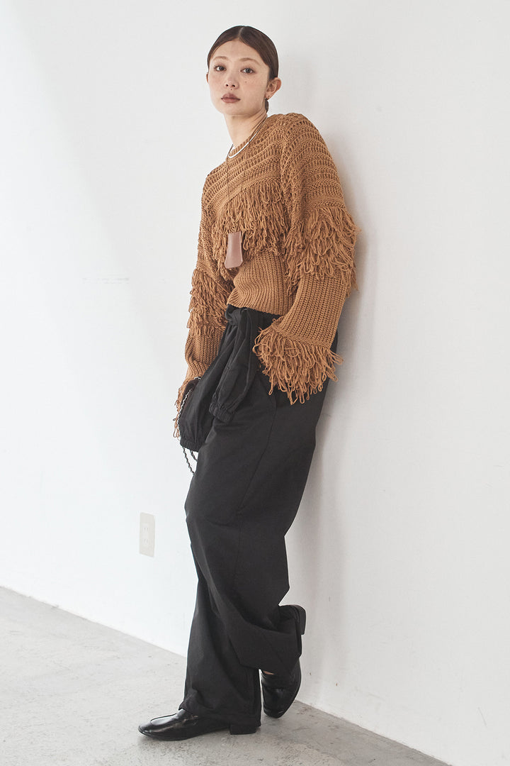 [SET]メッシュフリンジ切り替えプルオーバー+合繊ツイルスタンドウエスト巻きジョガーパンツ(2set)
