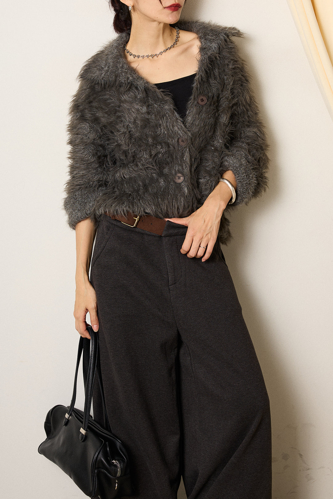 [SET]襟付きシャギーニットカーディガン+サイドベルトパンツ(2set)