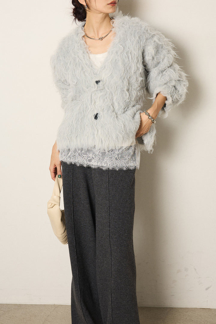 [SET]起毛シャギーニットカーディガン+センターラインニットパンツ+レース切り替えキャミソール(3set)