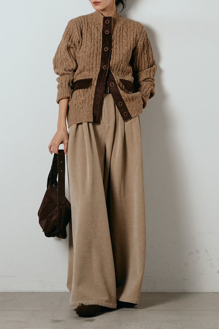 [SET]ボトルネックケーブルニットカーディガン+ベルトループコーデュロイワイドパンツ(2set)