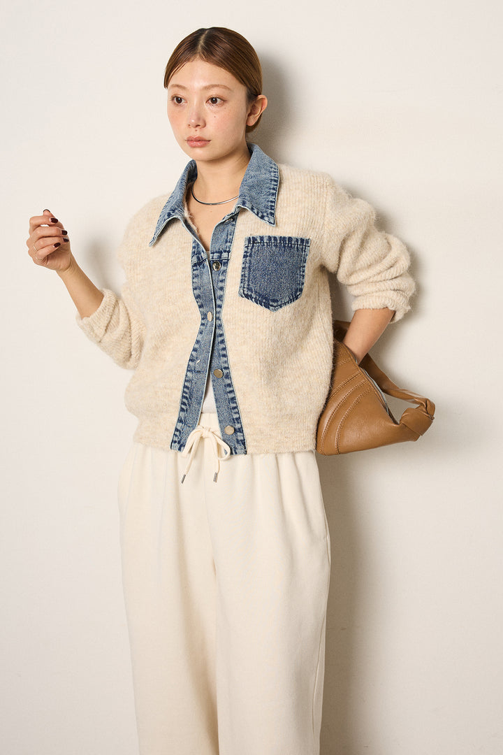 [SET]襟付きデニム切替ニットカーディガン+裏起毛スウェットワイドパンツ(2set)