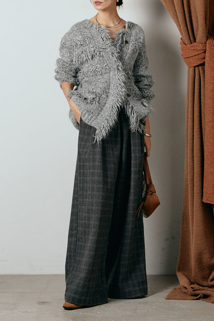[SET]フリンジニットカーディガン+ウールライクチェックタックパンツ(2set)