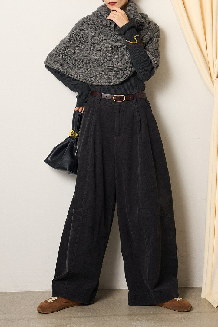 [SET]ケーブル編みケープレイヤードニット+タック入りコーデュロイワイドパンツ(2set)