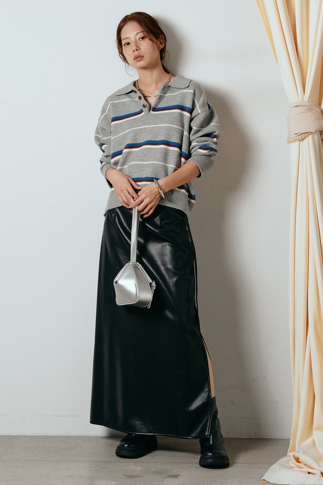[SET]襟付きマルチボーダーニットポロトップス+紐付きフェイクレザーワイドスカート(2set)
