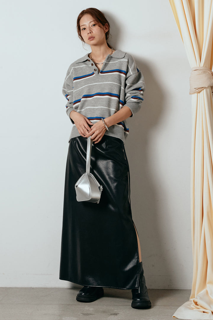 [SET]襟付きマルチボーダーニットポロトップス+紐付きフェイクレザーワイドスカート(2set)