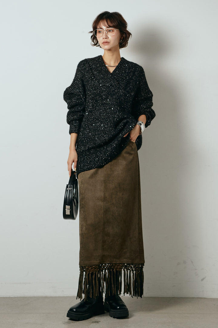 [SET]Vネックラメニットトップス+スウェードライク裾フリンジスカート(2set)