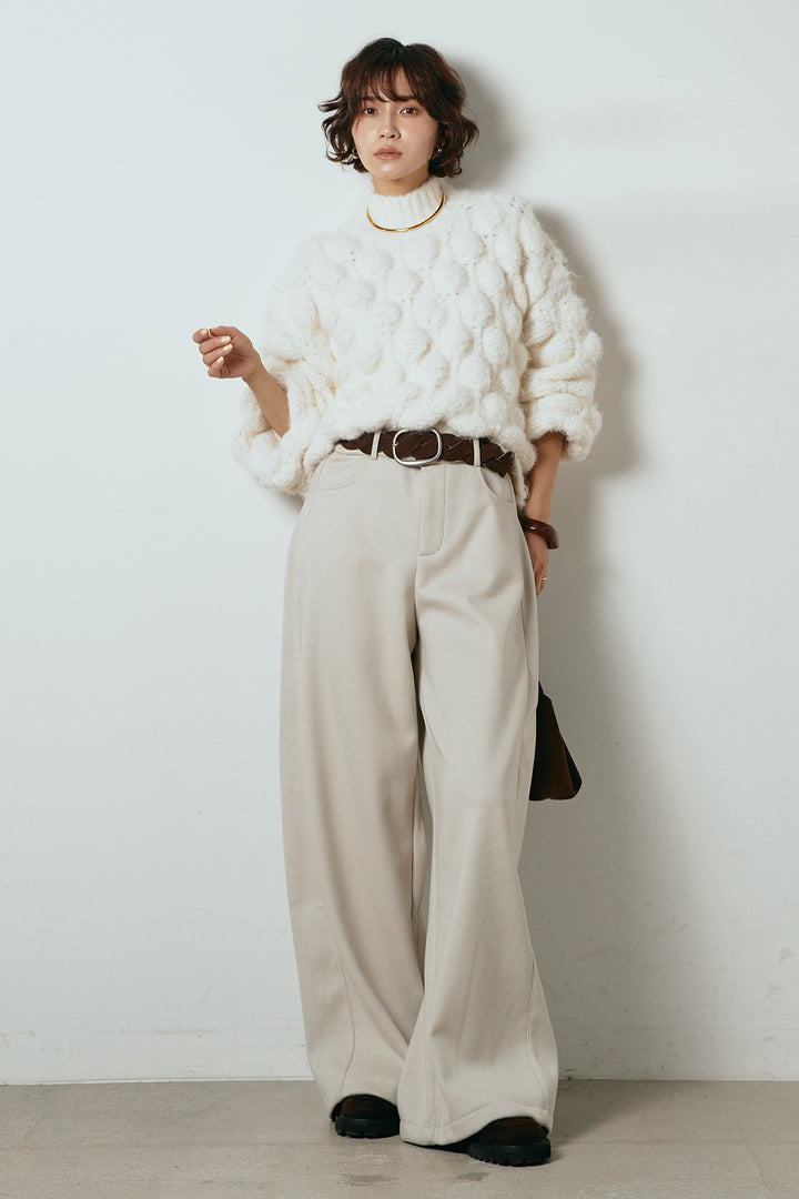 [SET]ボリュームポップコーンニットトップス+編みベルト付きワイドパンツ(2set)
