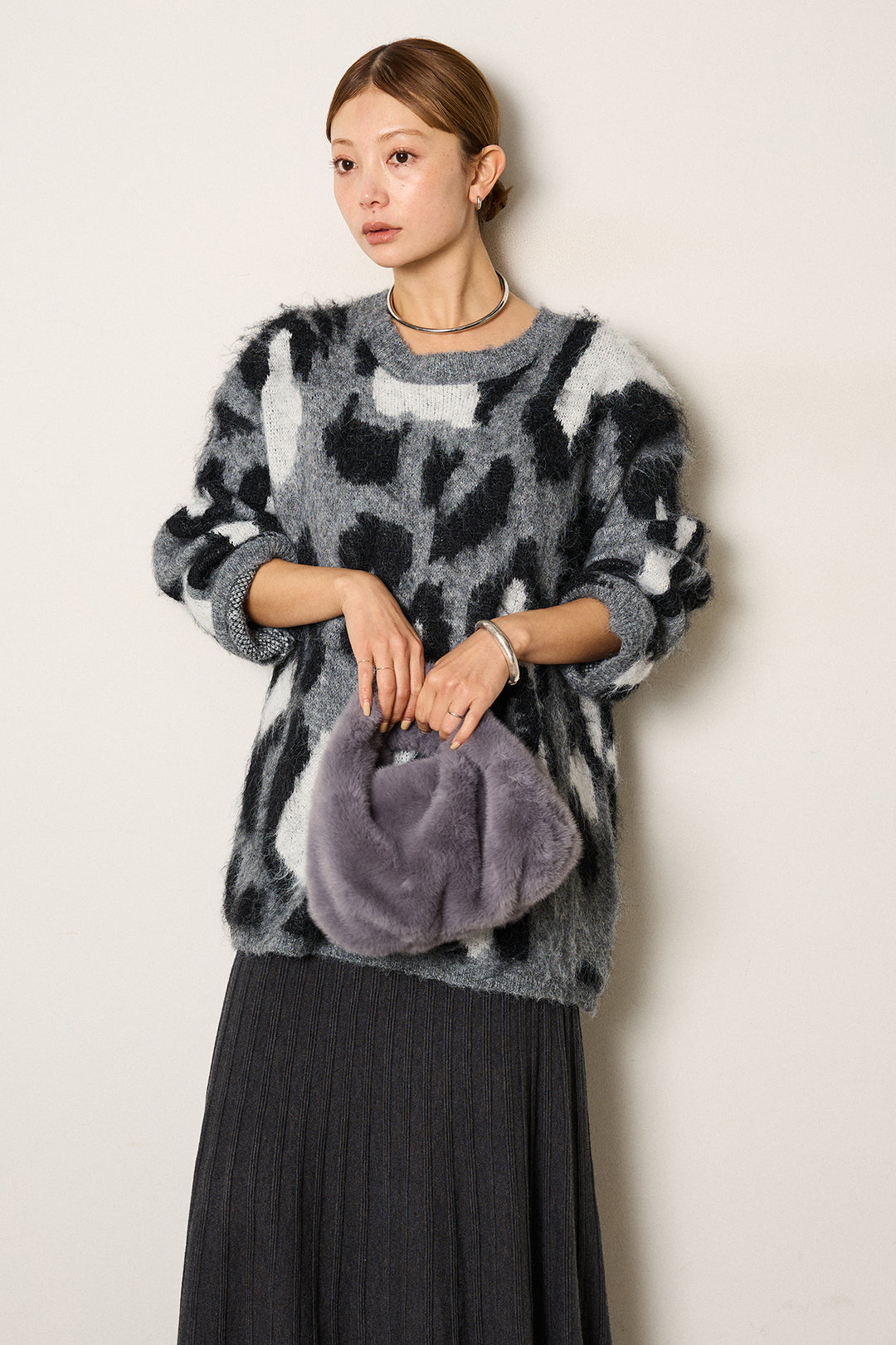 [SET]ルーズアニマルモヘアニットトップス+編み地切り替えフレアニットスカート(2set)
