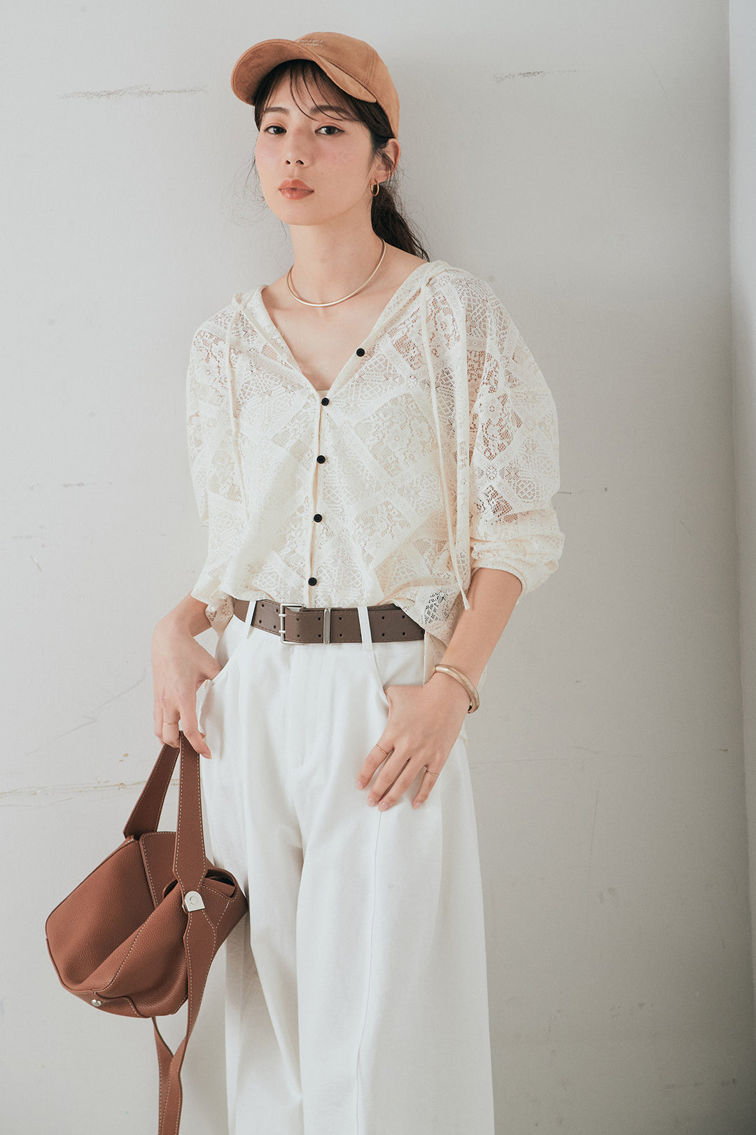 [SET]ブロックレースフード付きブラウス+ベルト付きサイドタックワイドパンツ(2set)