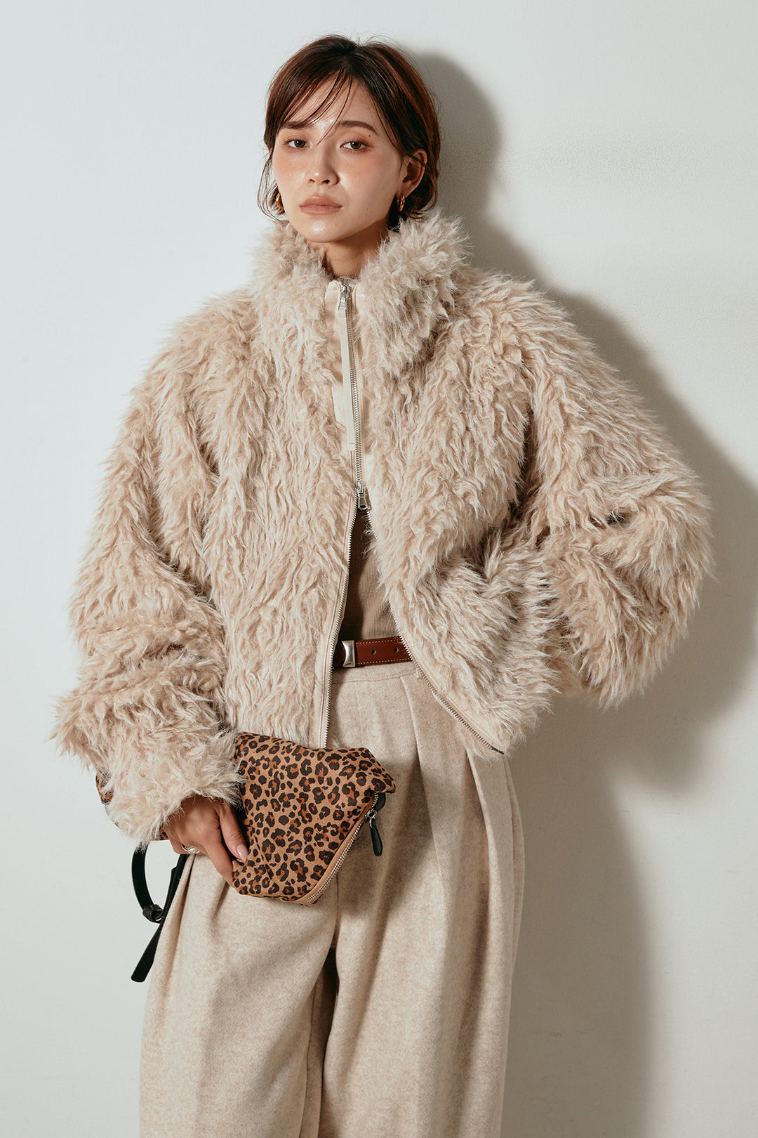 [SET]ミックスシープファースタンドブルゾン+フェイクウールタックトラウザーズパンツ(2set)