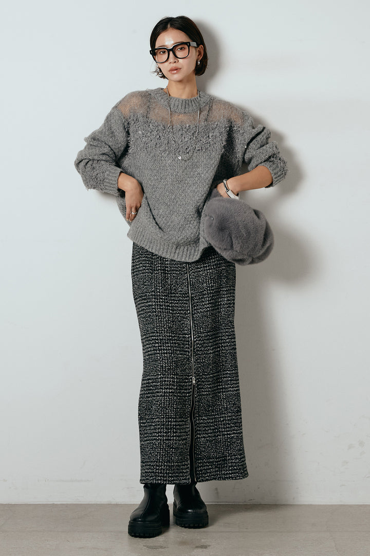 [SET]パターンランダム編みニットトップス+グレンチェック柄フロントジップタイトスカート(2set)