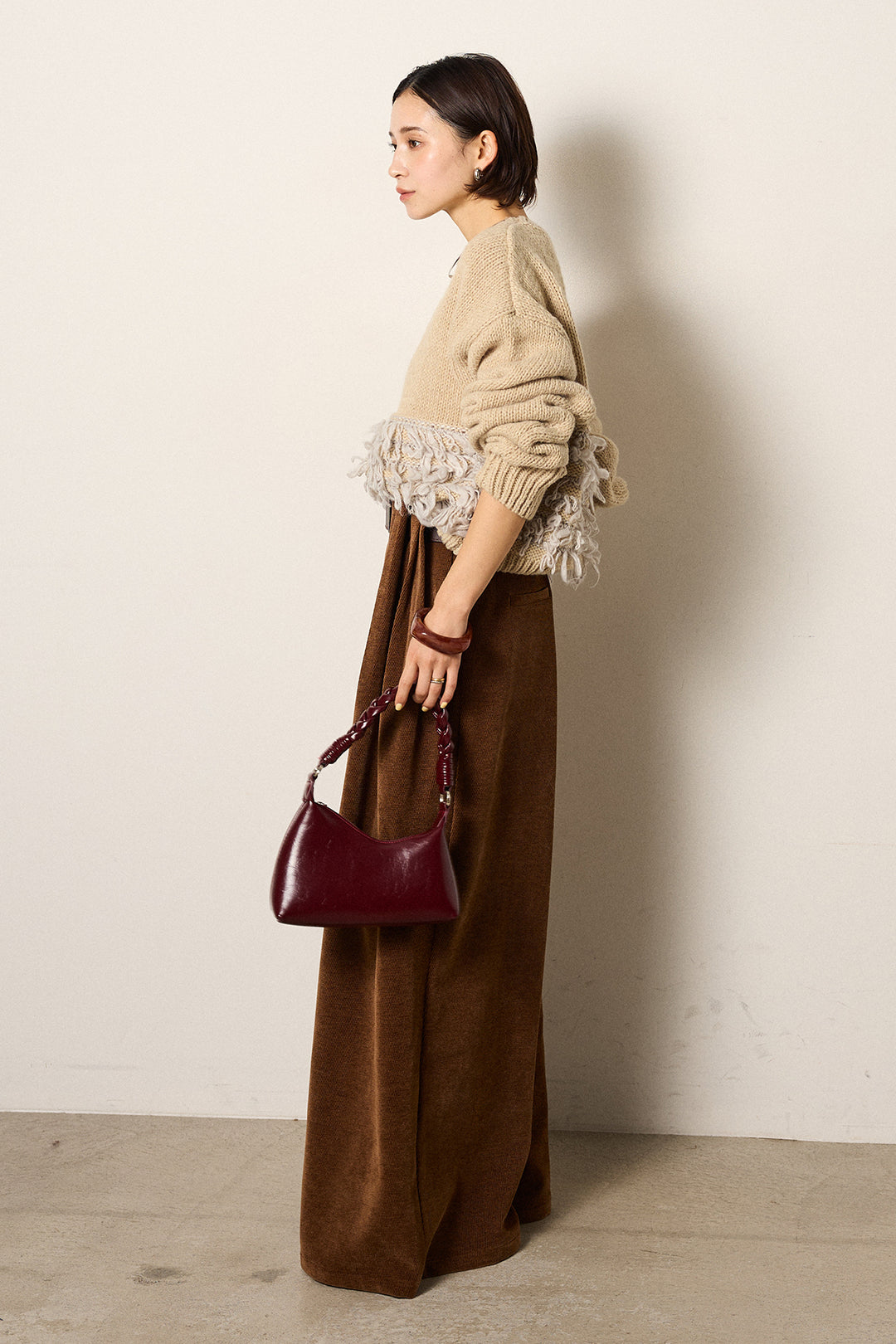 [SET]ループ編み切り替えニットプルオーバー+ベルトループコーデュロイワイドパンツ(2set)