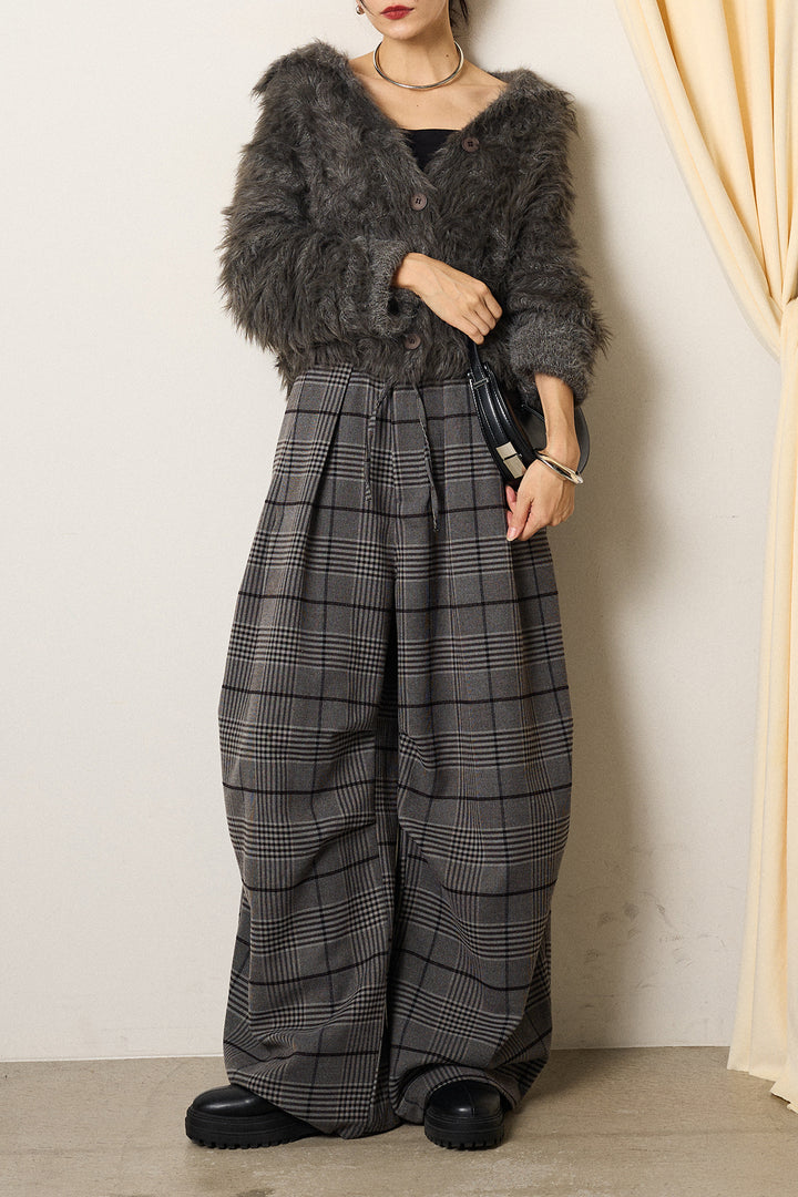 [SET]襟付きシャギーニットカーディガン+グレンチェックルーズタックパンツ(2set)