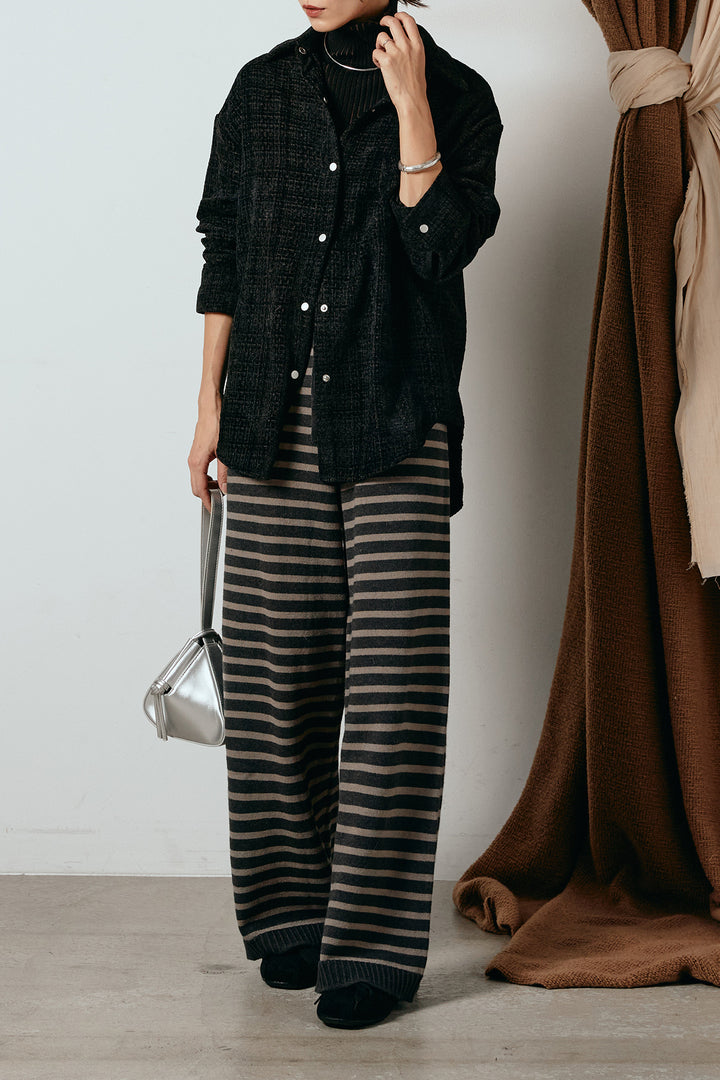 [SET]ルーズクラッシュツイルシャツ+ボーダーリラックスニットパンツ(2set)