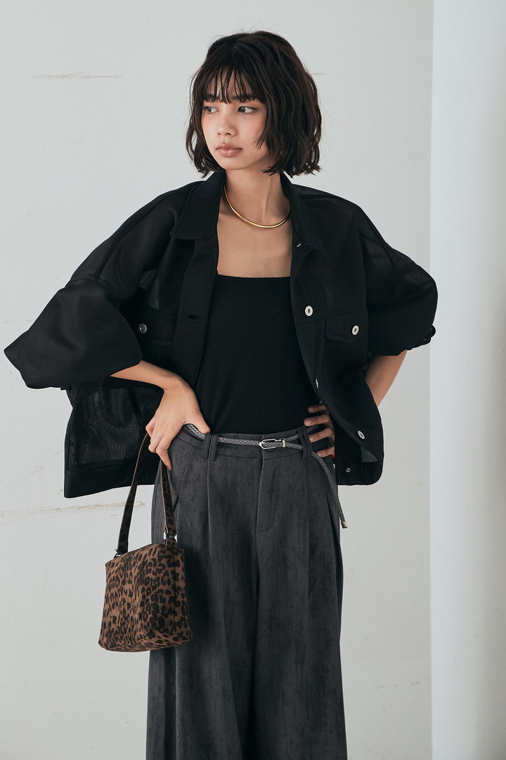 [SET]シアーダンボールサイドドロストジャケット+紐ベルト付きかすれ柄ワイドスラックス(2set)