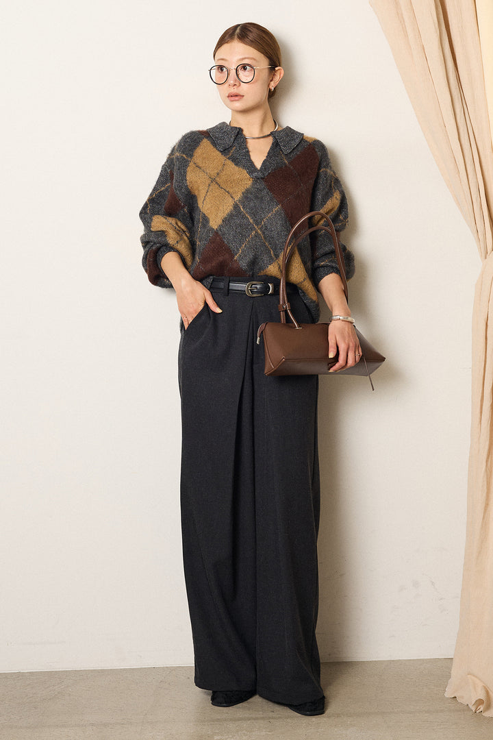 [SET]アクリルモヘアアーガイルキーネックプルオーバー+フロントワイドタックネップ入ワイドパンツ(2set)