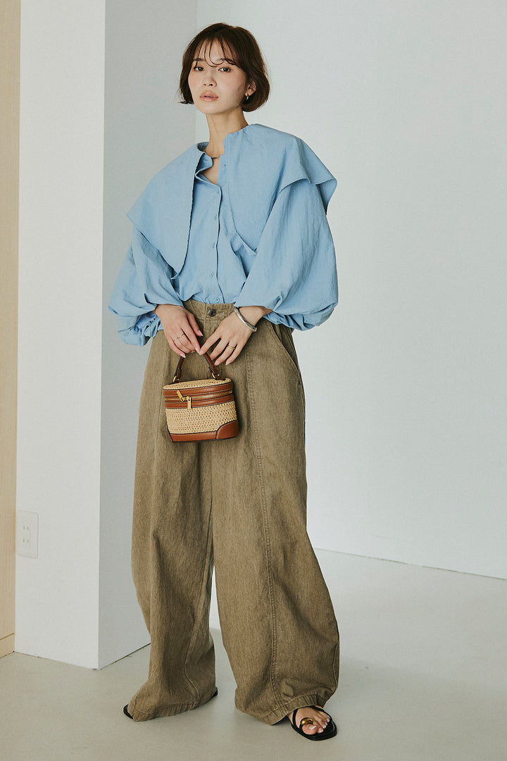 [SET]ケープカラーナイロンブラウス+サイドベルトカーブワイドパンツ(2set)