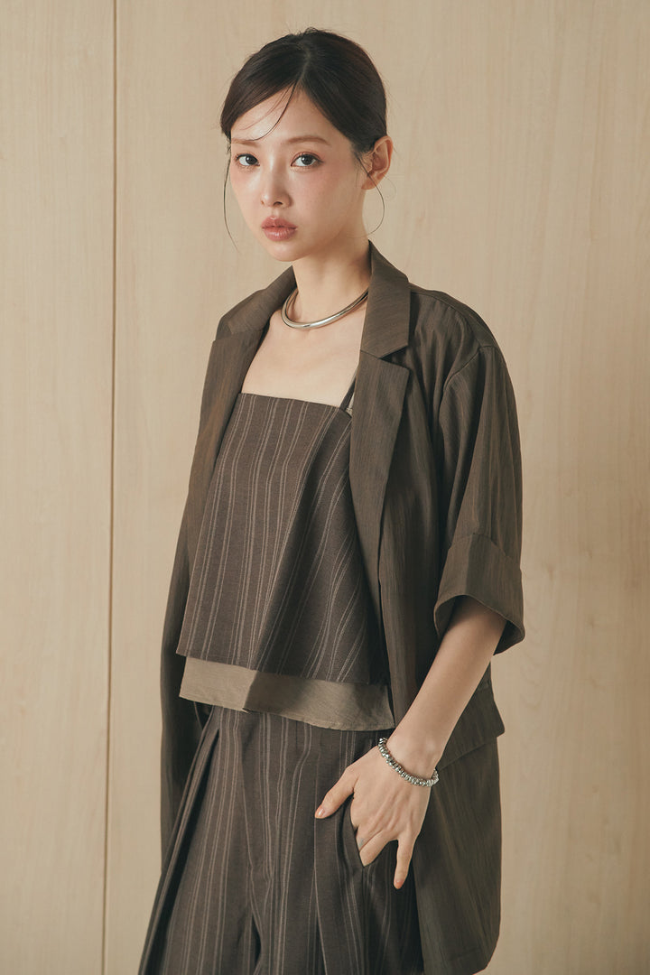 [SET]リネンライクテーラードハーフスリーブジャケット+リネンストライプタックワイドパンツ+リネンストライプレイヤードキャミ(3set)