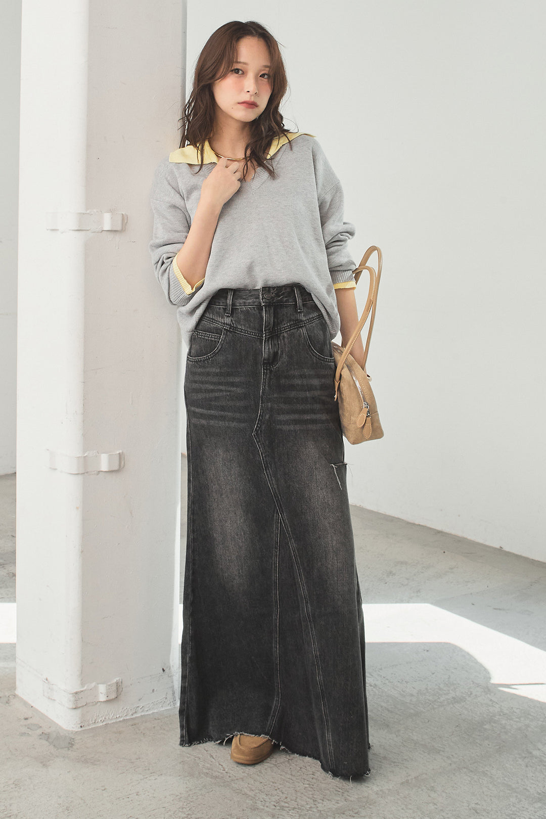 [SET]バイカラーニットレイヤード風プルオーバー+Aラインデニムスカート(2set)