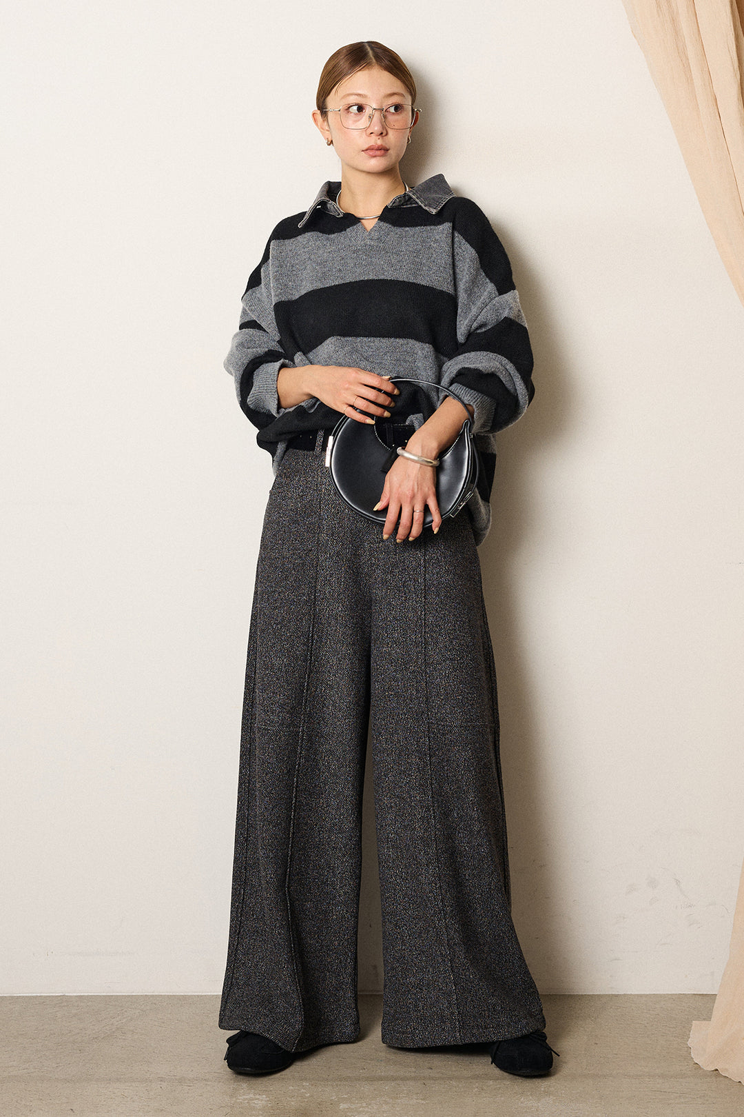 [SET]デニムカラーボーダールーズニット+太ベルト付きツイードワイドパンツ(2set)